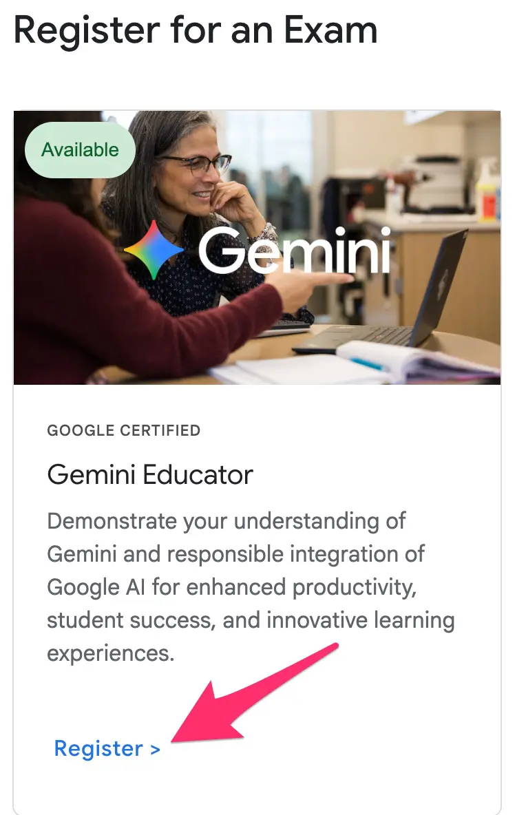 Google Gemini Educator 線上認證 - 點擊 Gemini Educator 區塊裡的「Register」